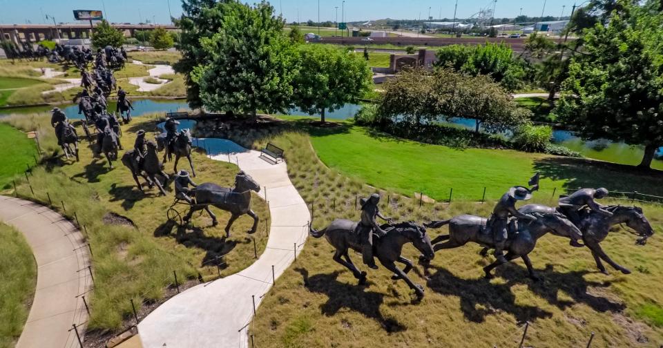 The Centennial Land Run Monument is shown on Aug. 23, 2021, along the Bricktown Canal in Oklahoma City.