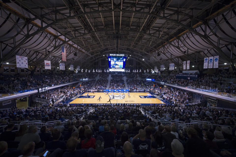 FILE - Butler University's Hinkle Fieldhouse during the second half of an NCAA college basketball game, Saturday, Nov. 14, 2015, in Indianapolis. If there is a holy trinity of college basketball cathedrals, the home of Butler — and for decades home of the Indiana high school basketball championship — might stand alongside Allen Fieldhouse and the Palestra. (AP Photo/Doug McSchooler, File)