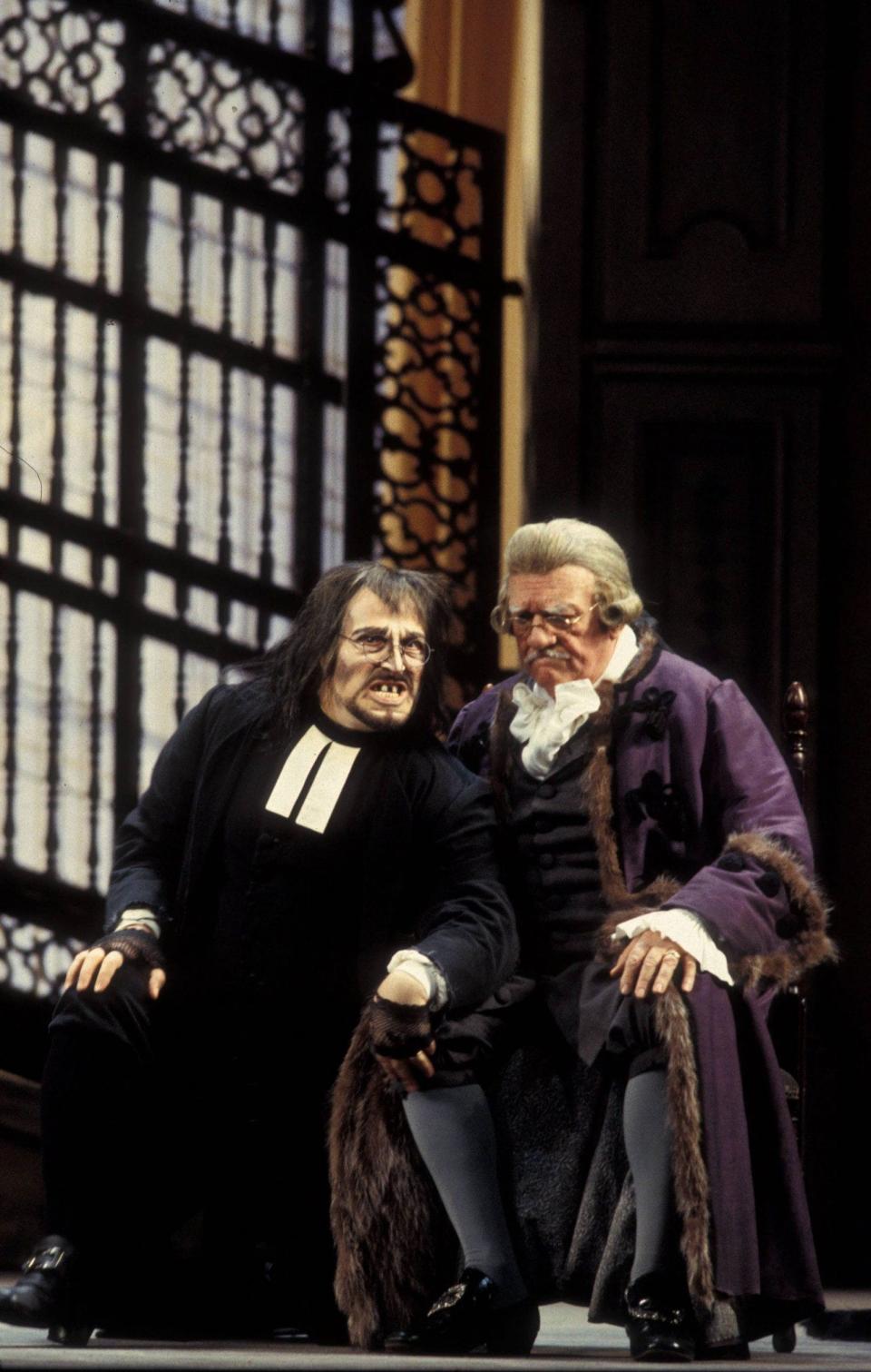 In The Barber of Seville, as Doctor Bartolo, right, Royal Opera House 1993; left, Simone Alaimo as Don Basilio - Henrietta Butler/ArenaPAL 