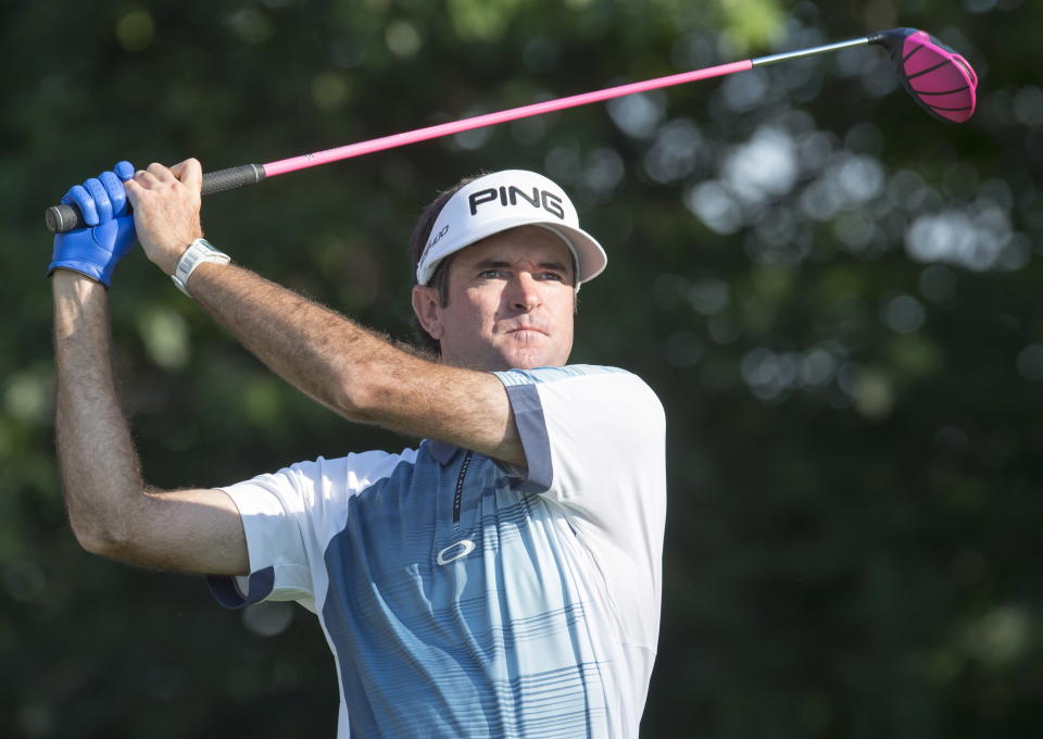 Bubba Watson tees off on the 10th hole at the Canadian Open golf tournament at Glen Abbey in Oakville, Ontario, Thursday, July 26, 2018.( Frank Gunn/The Canadian Press via AP)