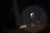 U.S. President Joe Biden listens to comments during the EU-US summit at the European Council building in Brussels, Tuesday, June 15, 2021. (AP Photo/Francisco Seco)