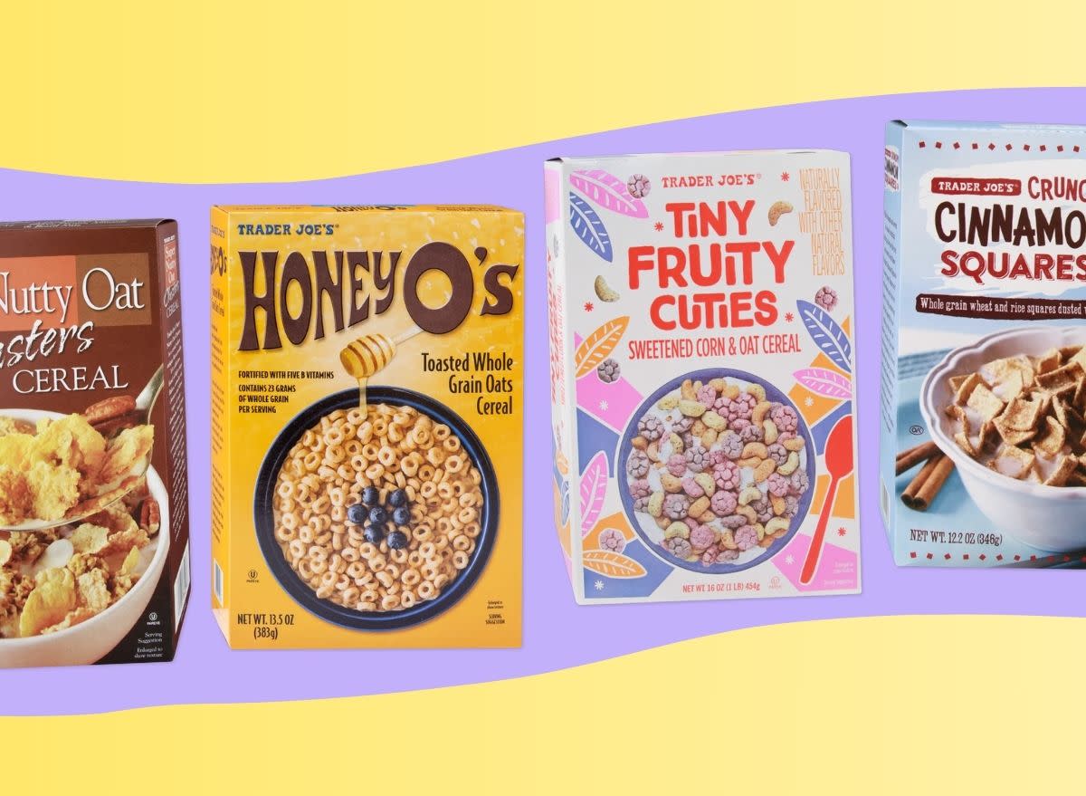 An array of Trader Joe's brand cereals against a colorful background