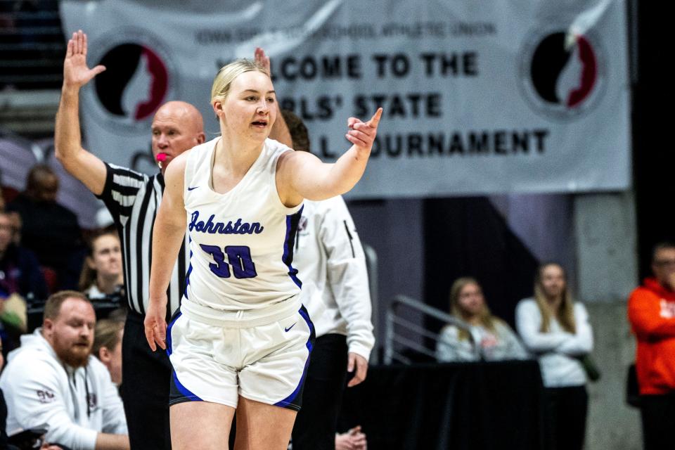 Johnston's Aili Tanke reacts after making a 3-pointer during a state tournament game March 1 in Des Moines.