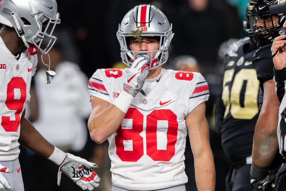 WEST LAFAYETTE, IN - OCTOBER 20: Ohio State Buckeyes wide receiver C.J. Saunders (80) gets helped off the field after getting injured making a catch during the college football game between the Purdue Boilermakers and Ohio State Buckeyes on October 20, 2018, at Ross-Ade Stadium in West Lafayette, IN. (Photo by Zach Bolinger/Icon Sportswire via Getty Images)