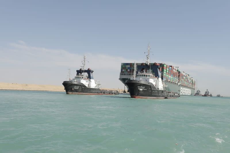 Ship Ever Given, one of the world's largest container ships, is seen after it was fully floated in Suez Canal