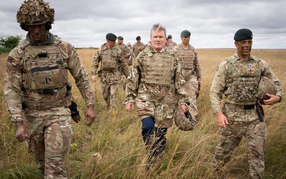 Sir Keir Starmer pictured with British soldiers at Salisbury Plain