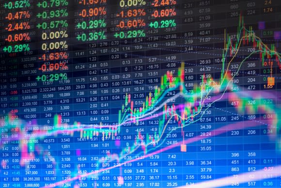 Stock market prices with colorful charts on an LED display