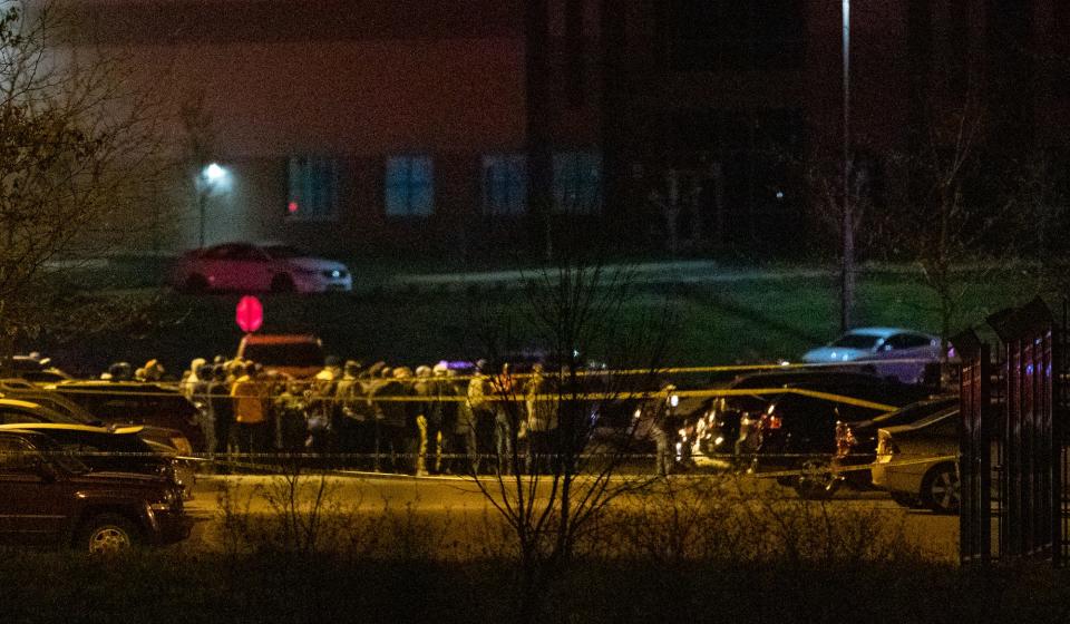 The scene outside a FedEx facility in Indianapolis after a 2021 mass shooting.