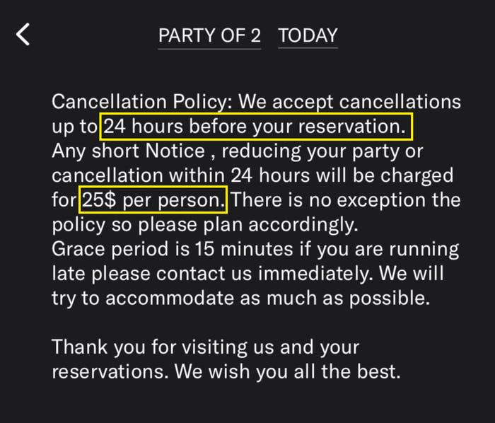 Restaurant reservation policy detailing cancellation fees and grace period