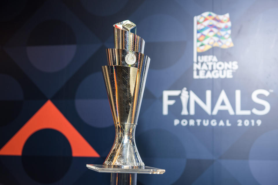 PORTO, PORTUGAL - JUNE 03: The official trophy is seen inside the stadium ahead of the Nations League Semi-Finals at Estadio do Dragao on June 03, 2019 in Porto, Portugal. (Photo by Lukas Schulze - UEFA/UEFA via Getty Images)