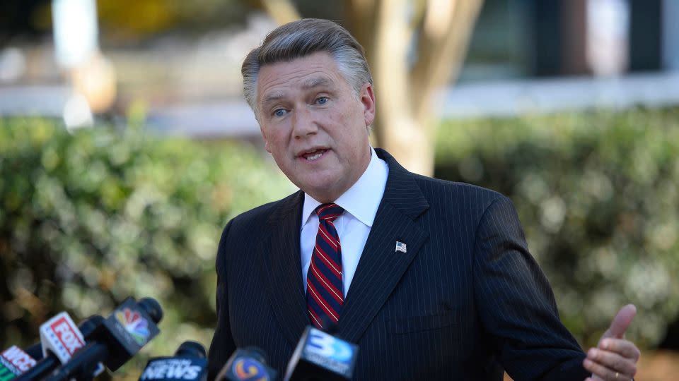 Mark Harris answers questions at a news conference at the Matthews Town Hall in 2018 in Matthews, North Carolina. - David T. Foster III/Charlotte Observer/Getty Images