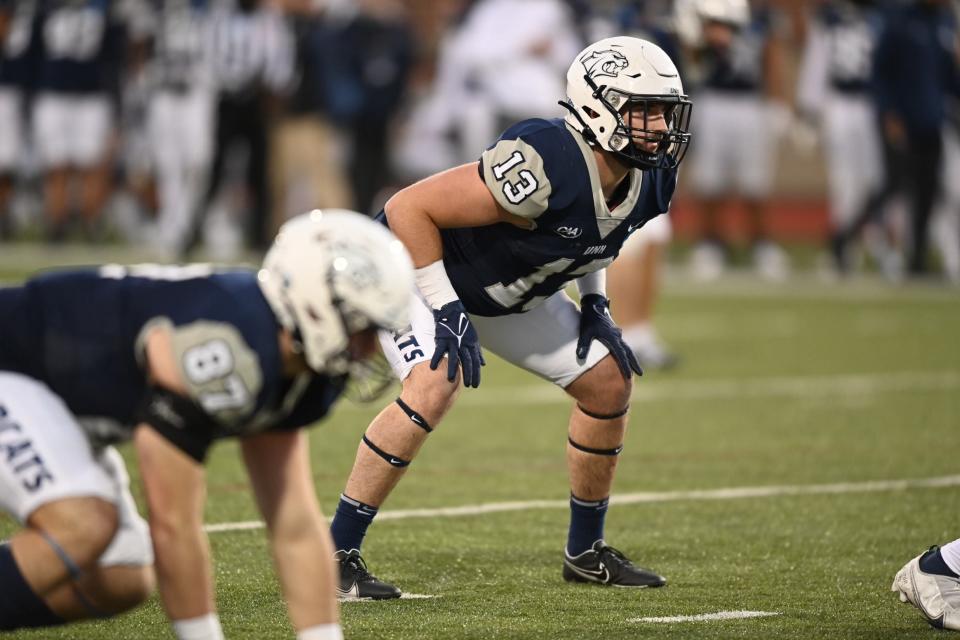 Raynham's Bryce Shaw, linebacker at University of New Hampshire, during a game against Fordham on Nov. 26, 2022.