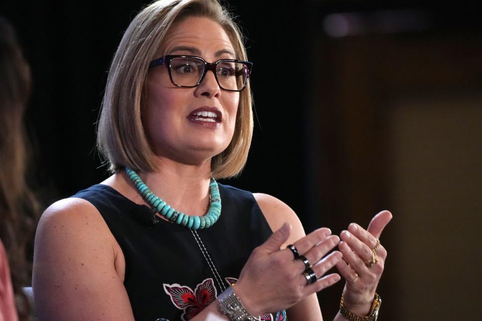 Sen. Kyrsten Sinema speaks during the McCain Institute's 2024 Sedona Forum at Enchantment Resort on May 3, 2024, in Sedona.