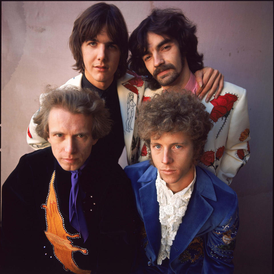 UNITED STATES - FEBRUARY 07:  Photo of FLYING BURRITO BROTHERS and Gram PARSONS and Chris ETHRIDGE and Pete KLEINOW and Chris HILLMAN; Posed studio group portrait L-R Top- Gram Parsons and Chris Ethridge - Bottom Sneaky Pete Kleinow and Chris Hillman  (Photo by Jim McCrary/Redferns)