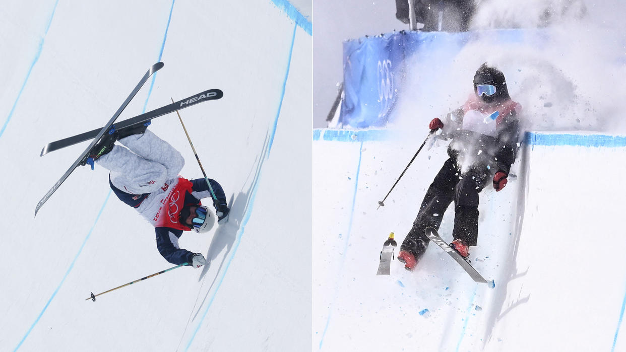 Aaron Blunck, left, and Gus Kenworthy, right both had massive wipeouts during the men's halfpipe event at the Olympics. (Photos via Getty)