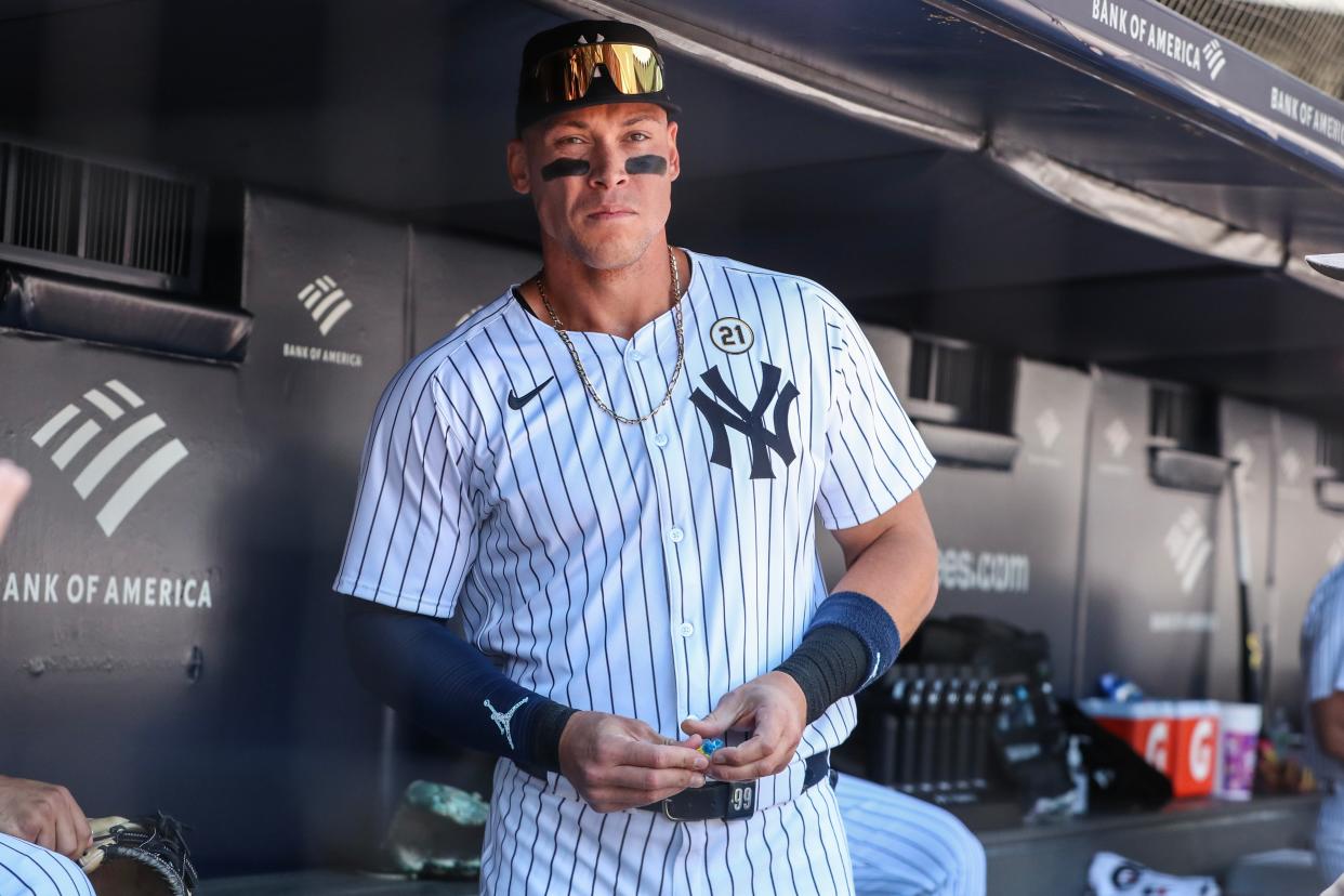 Sep 15, 2024; Bronx, New York, USA; New York Yankees center fielder Aaron Judge (99) prepares to take the field against the Boston Red Sox at Yankee Stadium. Mandatory Credit: Wendell Cruz-Imagn Images