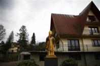 A golden statue of the late Pope John Paul II stands on a private property in Jordanow, southern Poland April 17, 2014. REUTERS/Kacper Pempel