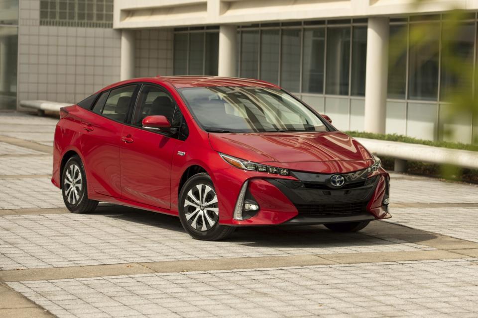 This photo provided by Toyota shows a 2021 Prius Prime. The Prime is the plug-in version of the well-known Prius hybrid. It has an EPA-estimated all-electric range of 25 miles. (Courtesy of Toyota Motor Sales U.S.A. via AP)