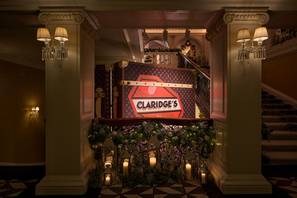 One of the giant Louis Vuitton trunks encasing the 2023 Claridge’s Christmas tree.