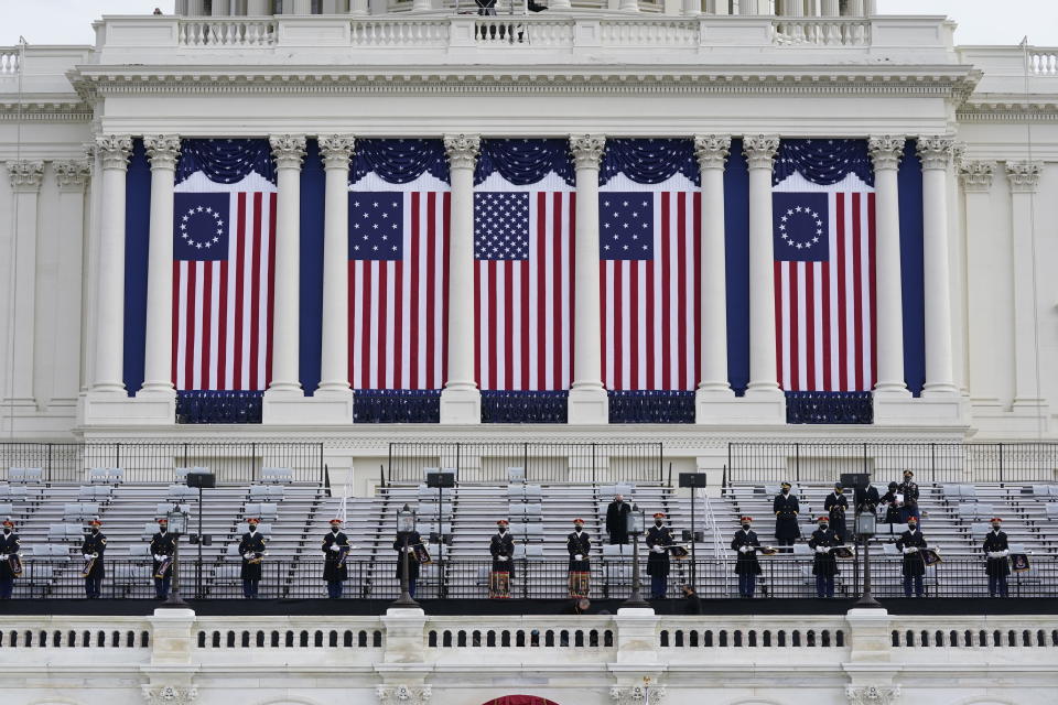 Preparations are made prior to a dress rehearsal for the 59th inaugural ceremony for President-elect Joe Biden and Vice President-elect Kamala Harris on Monday, January 18, 2021 at the U.S. Capitol in Washington. (AP Photo/Patrick Semansky, Pool)