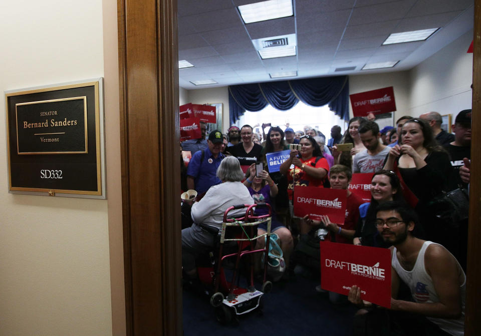 Supporters of Sen. Bernie Sanders (I-Vt.) pack his office on Sept. 8, 2017. Members of the "Draft Bernie for a People's Party" campaign delivered a petition with more than 50,000 signatures to urge&nbsp;the senator to start and lead a new political party.