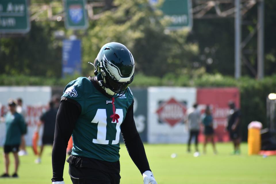 Philadelphia Eagles wide receiver A.J. Brown walks on the practice field during the first day of training camp at the NovaCare Complex in Philadelphia on July 26, 2023.