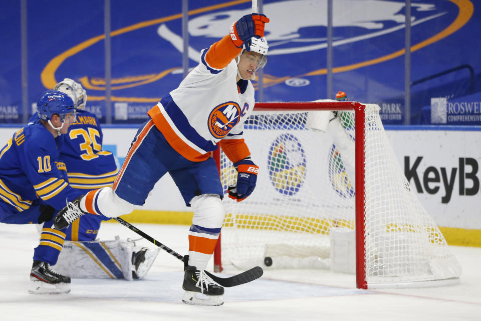 New York Islanders forward Anders Lee (27) celebrates his goal during the first period of an NHL hockey game against the Buffalo Sabres, Monday, Feb. 15, 2021, in Buffalo, N.Y. (AP Photo/Jeffrey T. Barnes)