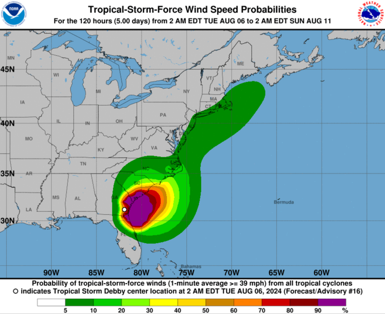 Map shows latest wind speed probabilities for Tropical Storm Debby (National Hurricane Center)