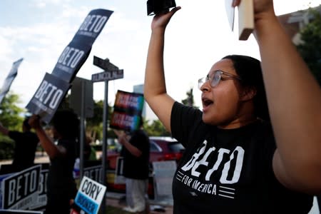 Supporters of Democratic presidential candidate Beto O'Rourke chant outside the SC Democratic Convention in Columbia