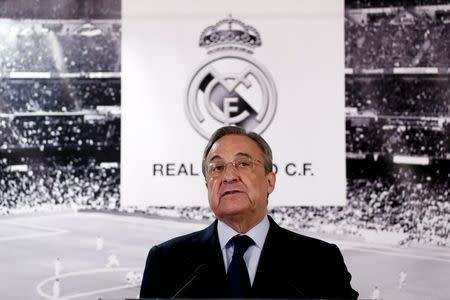 Real Madrid's President Florentino Perez looks on as he appears before the media at Santiago Bernabeu stadium in Madrid, Spain, January 4, 2016. REUTERS/Juan Medina