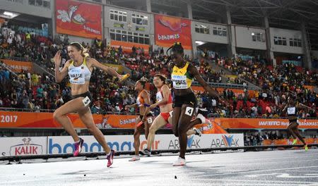 Apr 23, 2017; Nassau, Bahamas;Rebekka Haase (GER) defeats Sashalee Forbes (JAM) on the anchor of the women's 4 x 100m relay, 42.84 to 42.95, during the IAAF World Relays at Thomas A. Robinson Stadium. Mandatory Credit: Kirby Lee-USA TODAY Sports
