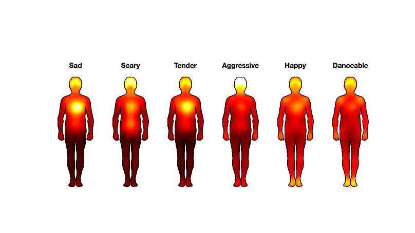 These Body Sensation Maps compile responses from participants in the study, which show that across cultures people respond similarly to the same music.