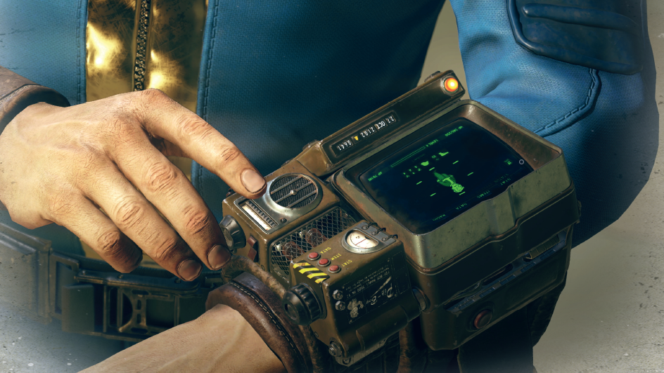  A close-up of a Pip Boy from the Fallout tabletop RPG. 