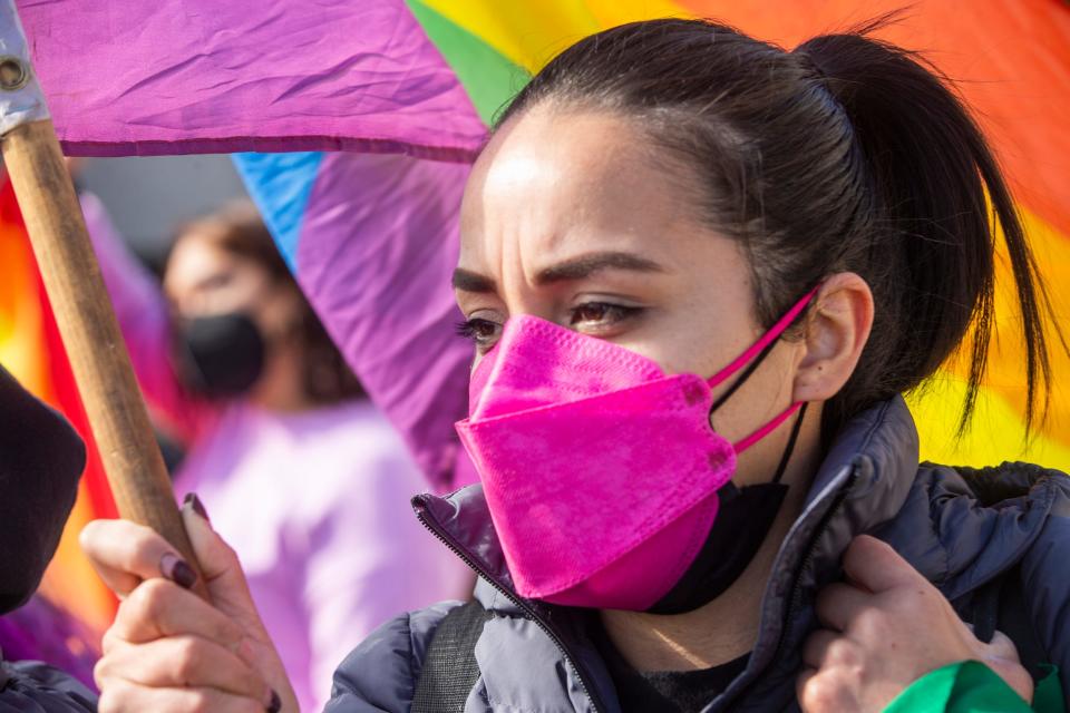 Feminist and LGBTQ rights groups protest on Thursday outside the Chihuahua state attorney general's office demanding justice for women killed in Juárez.