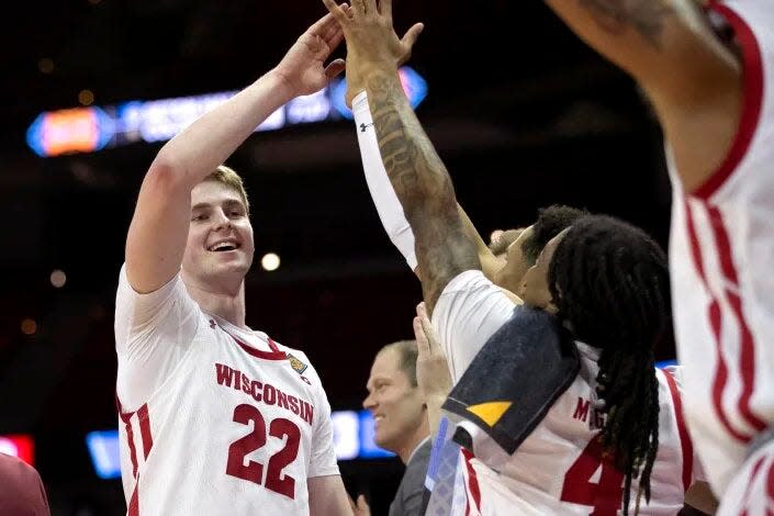 Wisconsin 7-foot center Steven Crowl (22) had a career-high 36 points plus 9 rebounds in an 81-62 victory over Bradley in the first round of the NIT at Kohl Center in Madison, Wis., on Tuesday, March 14, 2023.