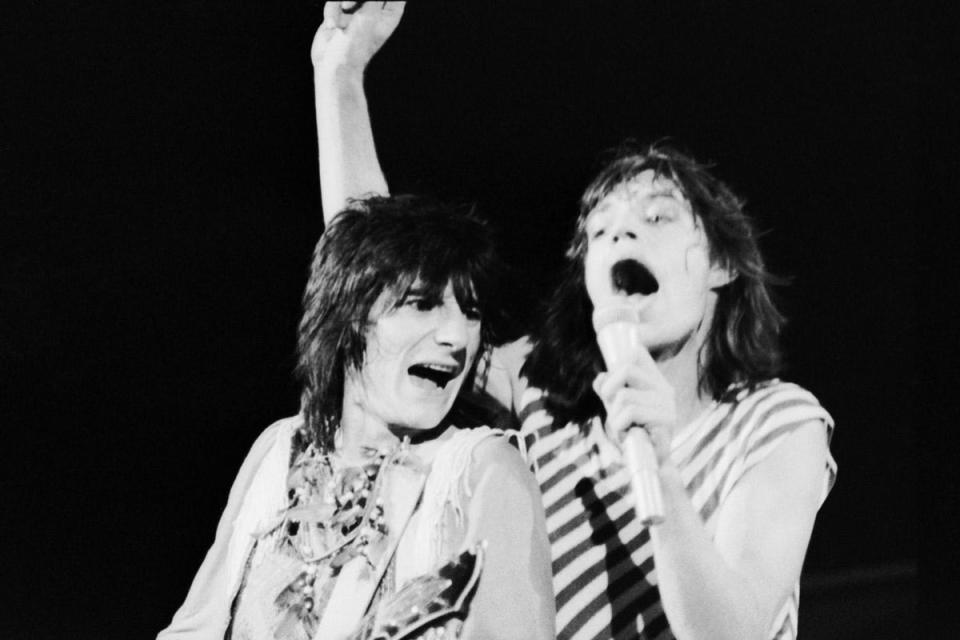 Ronnie Wood and Mick Jagger of the Rolling Stones performing at Earl's Court, London, 25th May 1976 (John Minihan/Evening Standard)