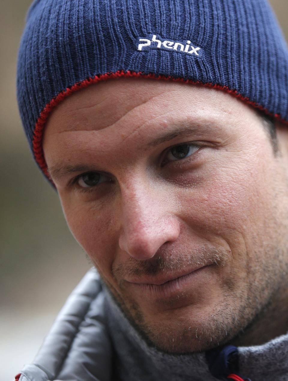 Norway's Aksel Lund Svindal ponders a question as he spoke to members of the media in the Rosa Khutor ski resort in Krasnaya Polyana, Russia at the Sochi 2014 Winter Olympics, Monday, Feb. 17, 2014. Svindal is leaving the Olympics because he has problems with allergies and fatigue, the Norwegian men's Alpine skiing coach said Monday. (AP Photo/Christophe Ena)