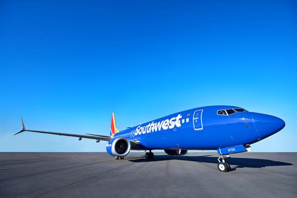 A 737 MAX 8 in the Southwest Airlines livery