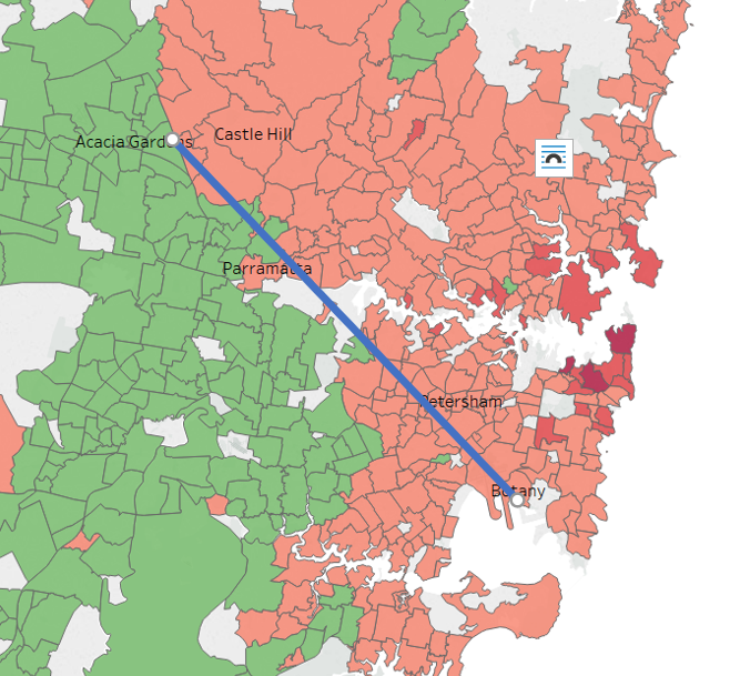 Map depicting house values in Sydney and Red Rooster line. Image: realestate.com.au