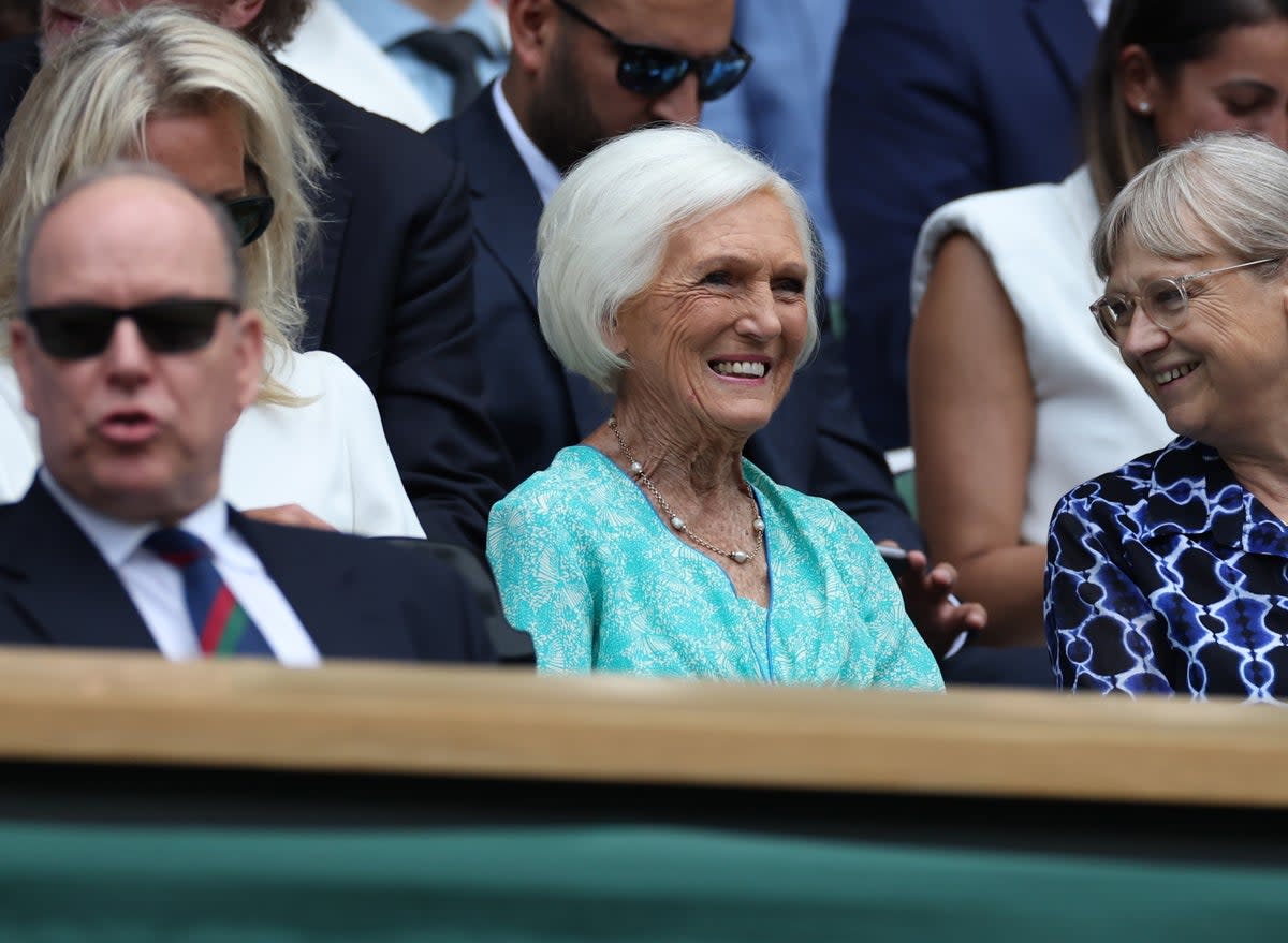 Dame Mary Berry attends the Women's Singles quarter-finals match Ons Jabeur of Tunisia against Elena Rybakina of Kazakhstan at the Wimbledon Championships (EPA)