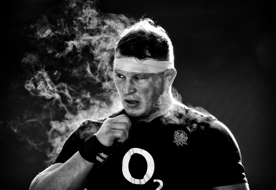 <p>Dylan Hartley is pictured during an intense training session on a cold February day. The Northampton hooker and his England team endured mixed fortunes in 2018. A fifth-placed finish and a run of five losses put pressure on Eddie Jones, but England responded. Hartley finished the year on the bench for the final Test of the 2018 with Australia (Adam Davy/PA). </p>