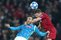 Soccer Football - Champions League - Group Stage - Group C - Liverpool v Napoli - Anfield, Liverpool, Britain - December 11, 2018 Liverpool's James Milner in action with Napoli's Nikola Maksimovic REUTERS/Jon Super