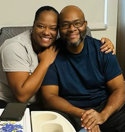 Lakesha and Greg Burton, pictured at Brooks Rehabilitation, had their lives changed when Greg suffered a stroke Sept. 29. But they say, with words and gestures, that this isn't a sad story.
