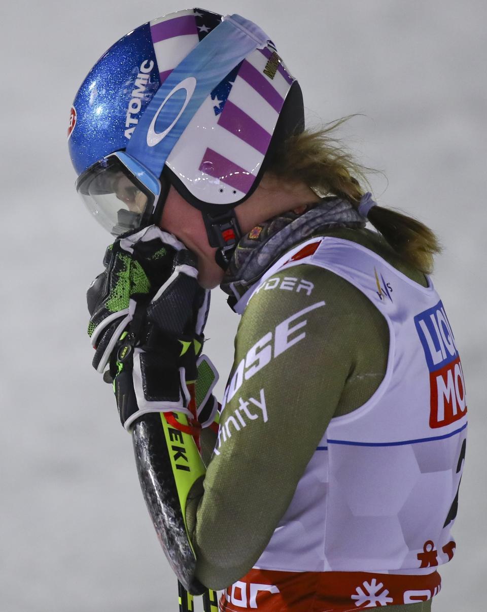 United States' Mikaela Shiffrin reacts after completing the women's giant slalom, at the alpine ski World Championships in Are, Sweden, Thursday, Feb. 14, 2019. (AP Photo/Alessandro Trovati)