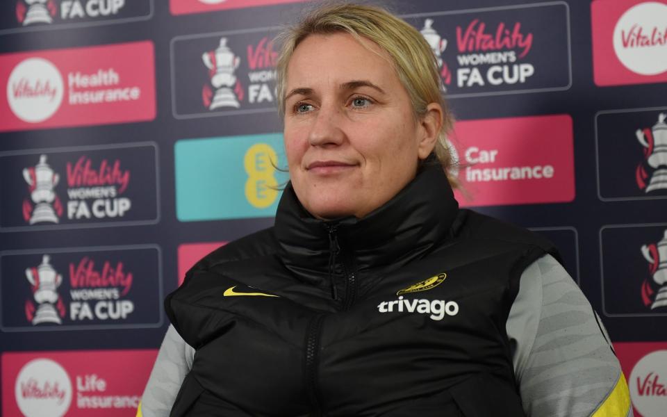 Emma Hayes, Manager of Chelsea speaks to media during a Chelsea FC Women's Press Conference at Chelsea Training Ground on December 03, 2021 in Cobham, England - GETTY IMAGES