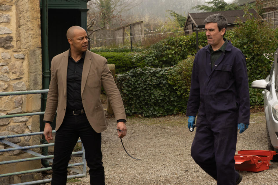 FROM ITV

STRICT EMBARGO
Print media - No Use Before Tuesday 3rd May 2022
Online Media - No Use Before 0700hrs Tuesday 3rd May 2022

Emmerdale - Ep 9358

Monday 9th May 2022

Al Chapman's [MICHAEL WILDMAN] annoyed Cain Dingle [JEFF HORDLEY] has returned his car but after finding a cable tie securing the drive shaft in the engine he guesses Cain has further sabotaged the car so tells Cain to prove it is safe by driving it.

Picture contact - David.crook@itv.com

Photographer - Mark Bruce

This photograph is (C) ITV Plc and can only be reproduced for editorial purposes directly in connection with the programme or event mentioned above, or ITV plc. Once made available by ITV plc Picture Desk, this photograph can be reproduced once only up until the transmission [TX] date and no reproduction fee will be charged. Any subsequent usage may incur a fee. This photograph must not be manipulated [excluding basic cropping] in a manner which alters the visual appearance of the person photographed deemed detrimental or inappropriate by ITV plc Picture Desk. This photograph must not be syndicated to any other company, publication or website, or permanently archived, without the express written permission of ITV Picture Desk. Full Terms and conditions are available on  www.itv.com/presscentre/itvpictures/terms