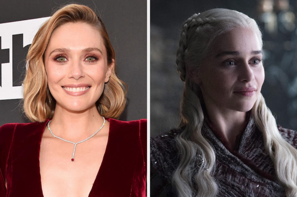 Elizabeth Olsen at an event; Emilia Clarke in "Game of Thrones"