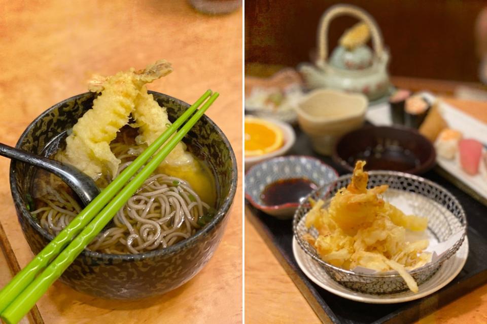 Tempura soba (left) and one of Kirishima Shuzou’s sets (right).