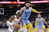 Oklahoma City Thunder guard Shai Gilgeous-Alexander handles the ball against Memphis Grizzlies guard David Roddy (27) in the second half of an NBA basketball game Wednesday, Dec. 7, 2022, in Memphis, Tenn. (AP Photo/Brandon Dill)