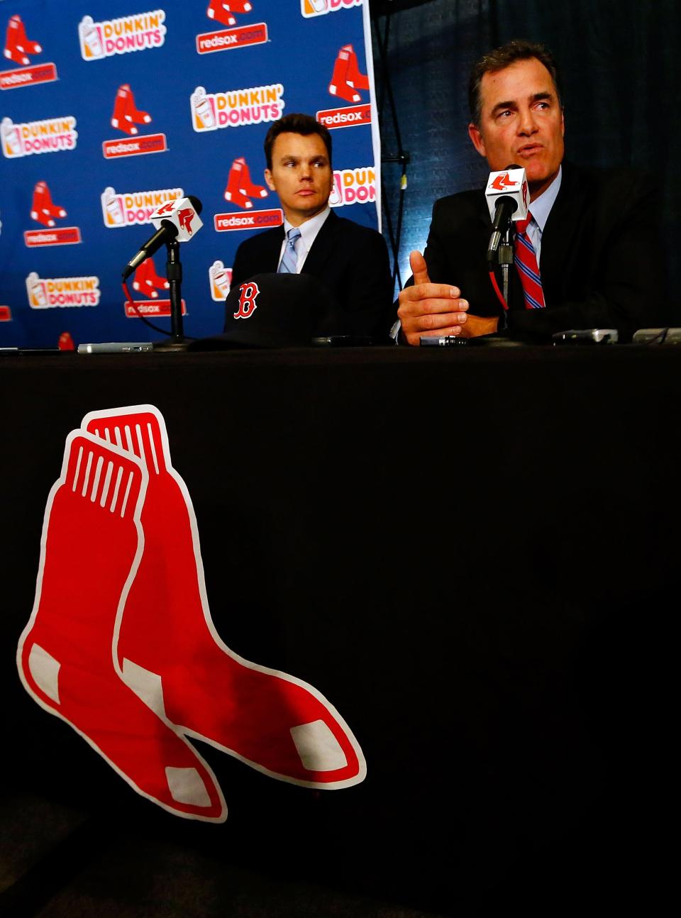 BOSTON, MA - OCTOBER 23: Executive Vice President and General Manager of the Boston Red Sox, Ben Cherington (L), introduces John Farrell as the new manager, the 46th manager in the club's 112-year history, on October 23, 2012 at Fenway Park in Boston, Massachusetts. (Photo by Jared Wickerham/Getty Images)